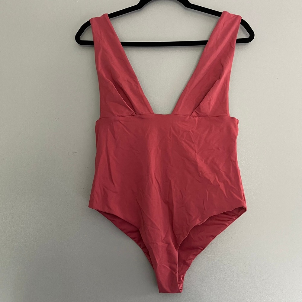 Zara Coral Pink Deep V-Neck One-Piece Swimsuit Heart Cutout Back Size L 0283/003